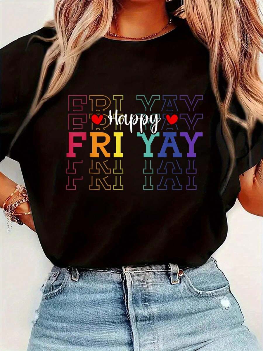 Embroidery Cotton Shirt - Funny Friday Lover Graphic Print Round