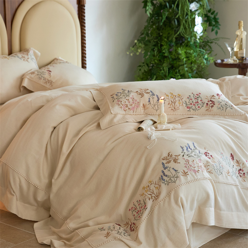 Embroidery Quilt Cover - Natural Cotton Linen Vintage French Flowers