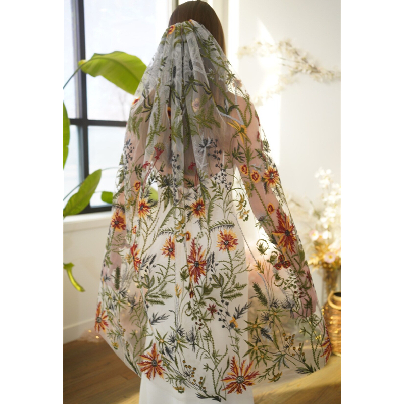 Embroidery Yellow Flower - Floral Bridal Wedding Veils With Comb