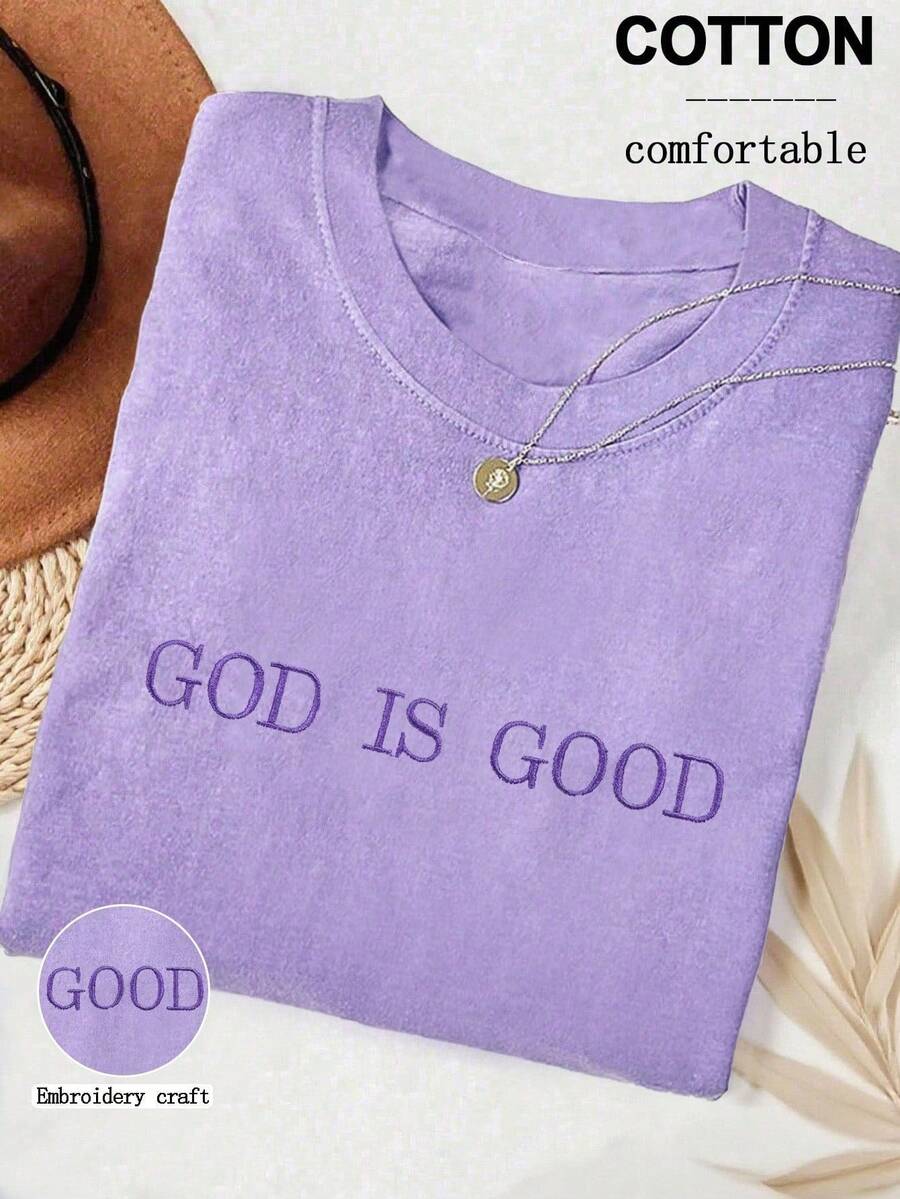 Embroidery Cotton Shirt - Plus Size Embroidered Faith T-Shirt Women