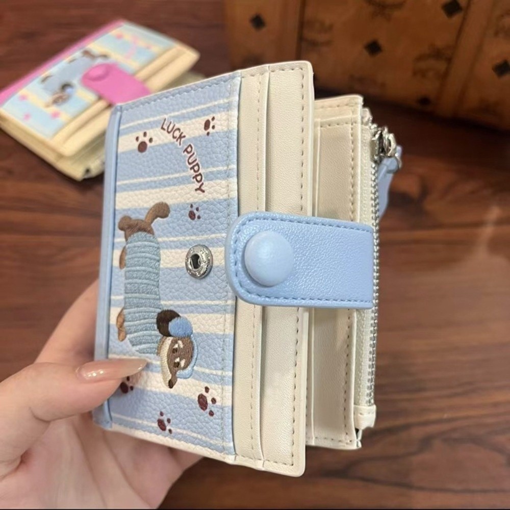 Embroidery Wallet - Ins Dachshund Embroidery Short Wallet Dopamine