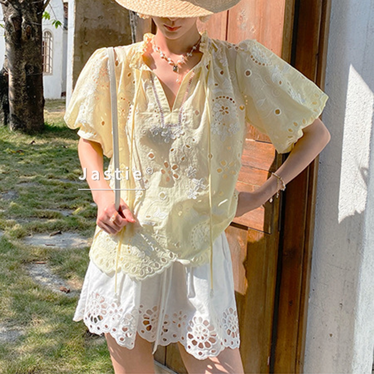 Embroidery Eyelet - Bohemian Yellow Eyelet Embroidery Blouse Women