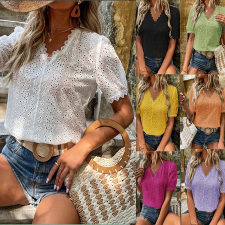 Embroidery Eyelet - Womens Eyelet Embroidery V Neck Short