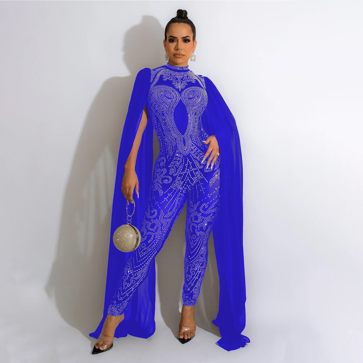 Embroidery Net Dress - Shawl sleeve mesh crystal jumpsuit Women's
