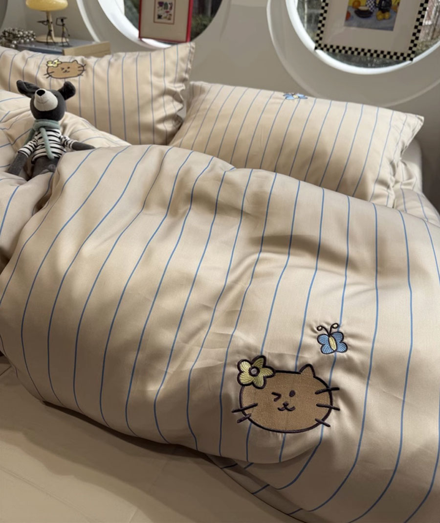 Embroidery Quilt Cover - cute embroidery cat butterfly stripe bedding