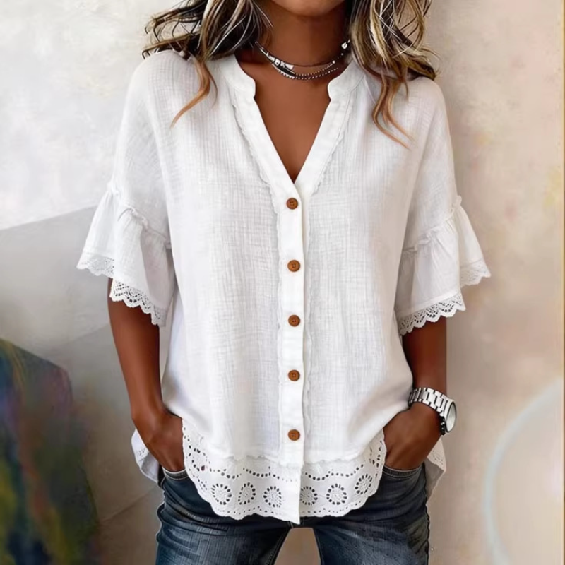Embroidery Eyelet - Women Vintage V Neck Lace Ruffle