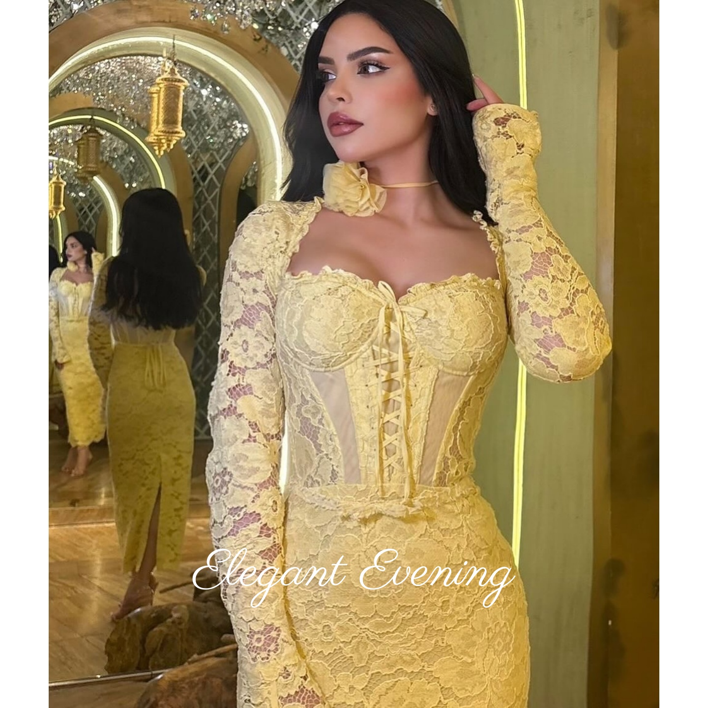 Embroidery Yellow Flower - Yellow Lace Prom Dress Mermaid Sweetheart