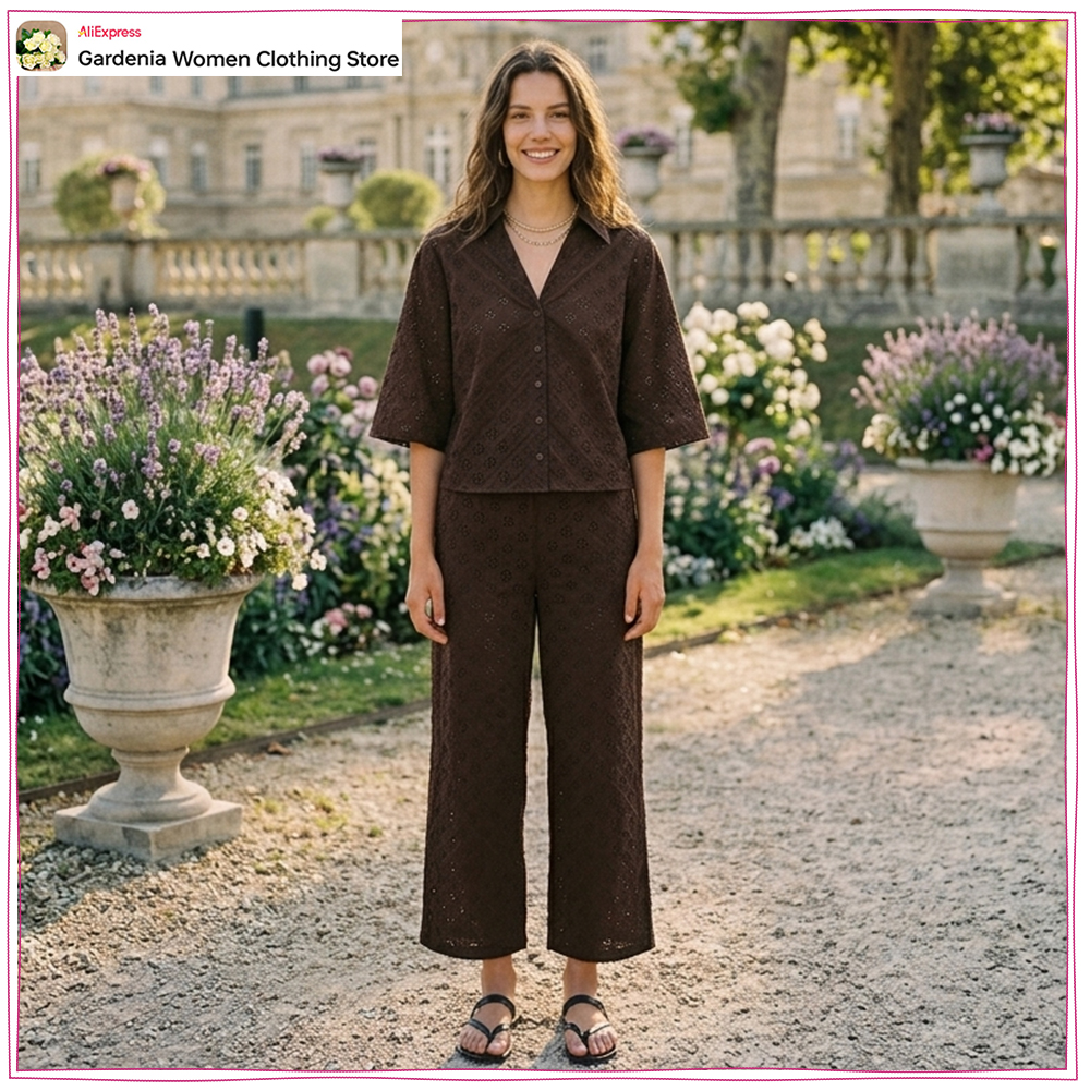Embroidery Cotton Shirt - Relaxtion Eyelet Embroidered Pant Sets for
