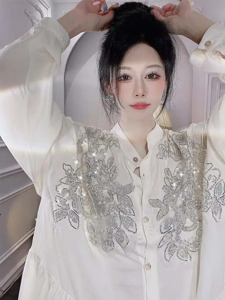 Transparent Flowers Embroidery - Embroidery Cotton Shirt 리뷰 및 가격
