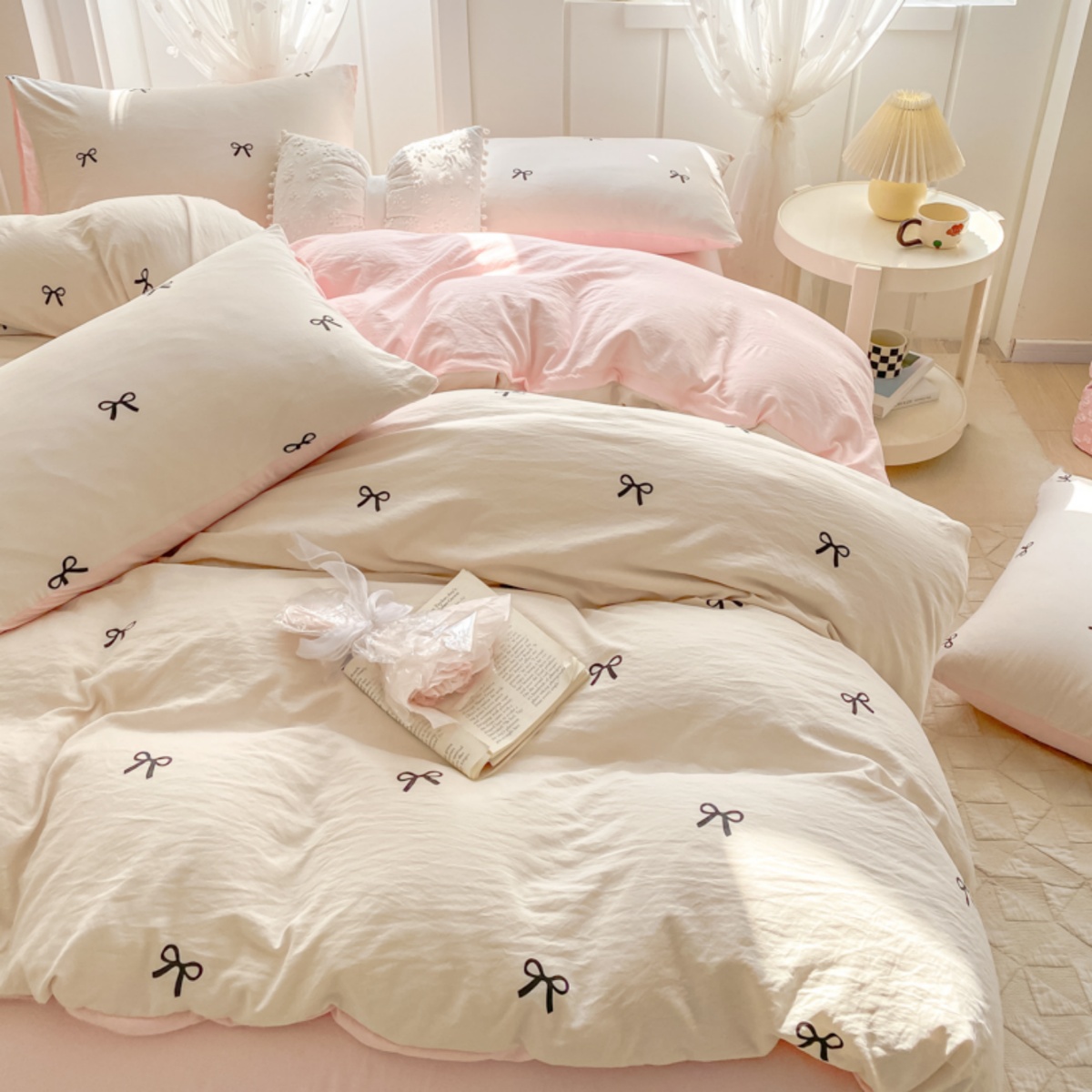 3 Piece Sheet Set  pink bowkno - Embroidery Quilt Cover 리뷰 및 가격