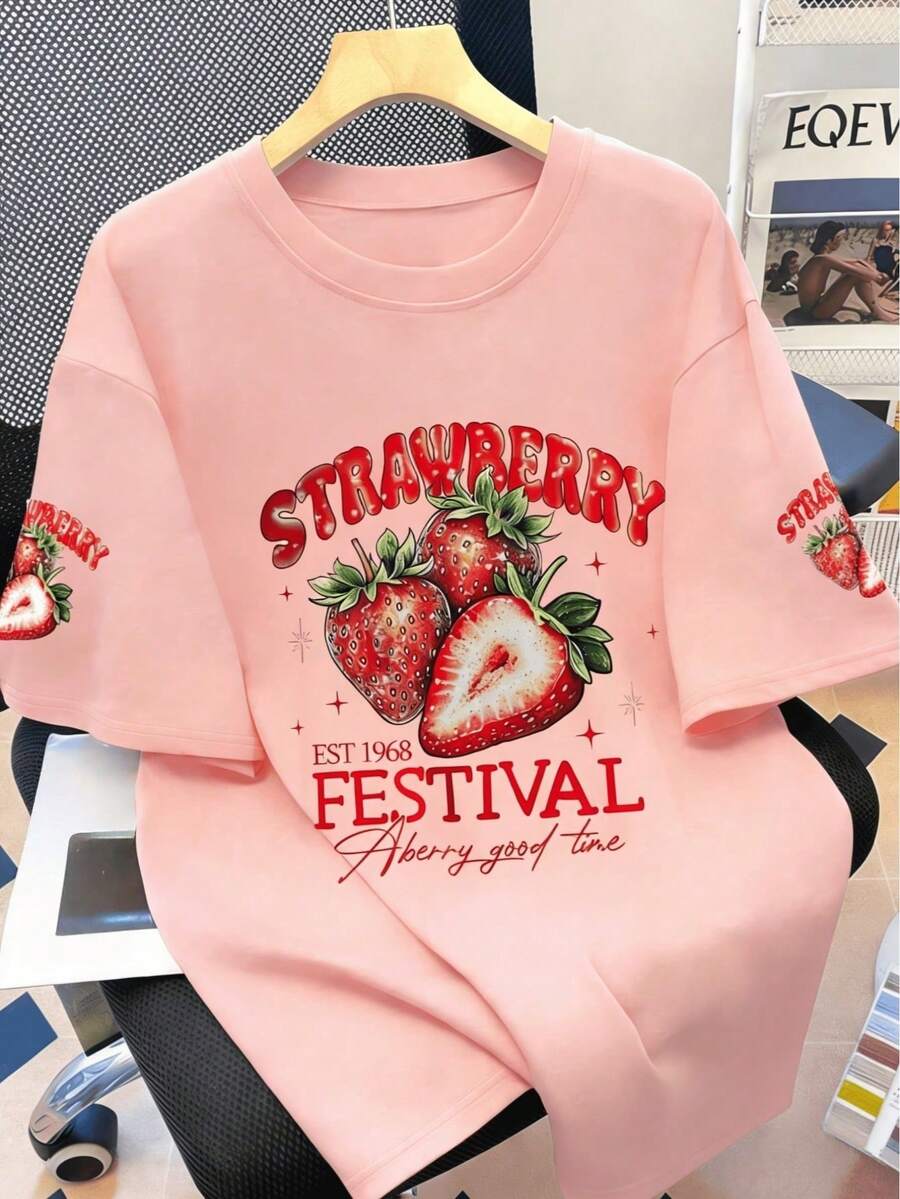 Strawberry Print Round Neck Sh - Embroidery Cotton Shirt 리뷰 및 가격