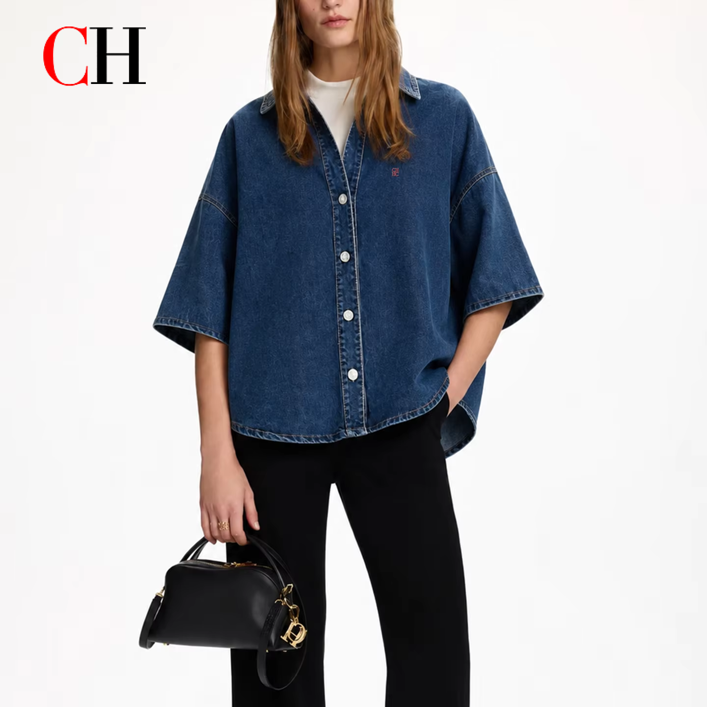 CH Letter Embroidered Solid Co - Embroidery Cotton Shirt 리뷰 및 가격