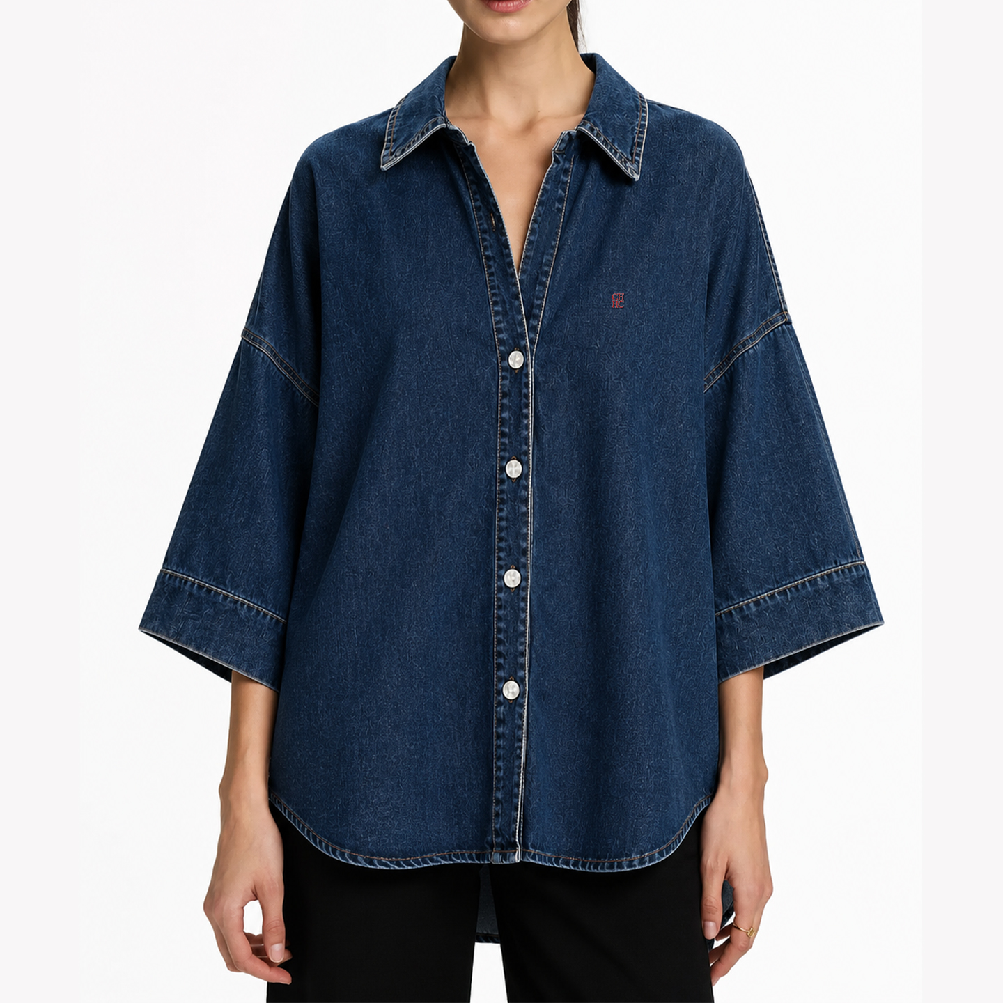 CH Letter Embroidered Solid Co - Embroidery Cotton Shirt 리뷰 및 가격