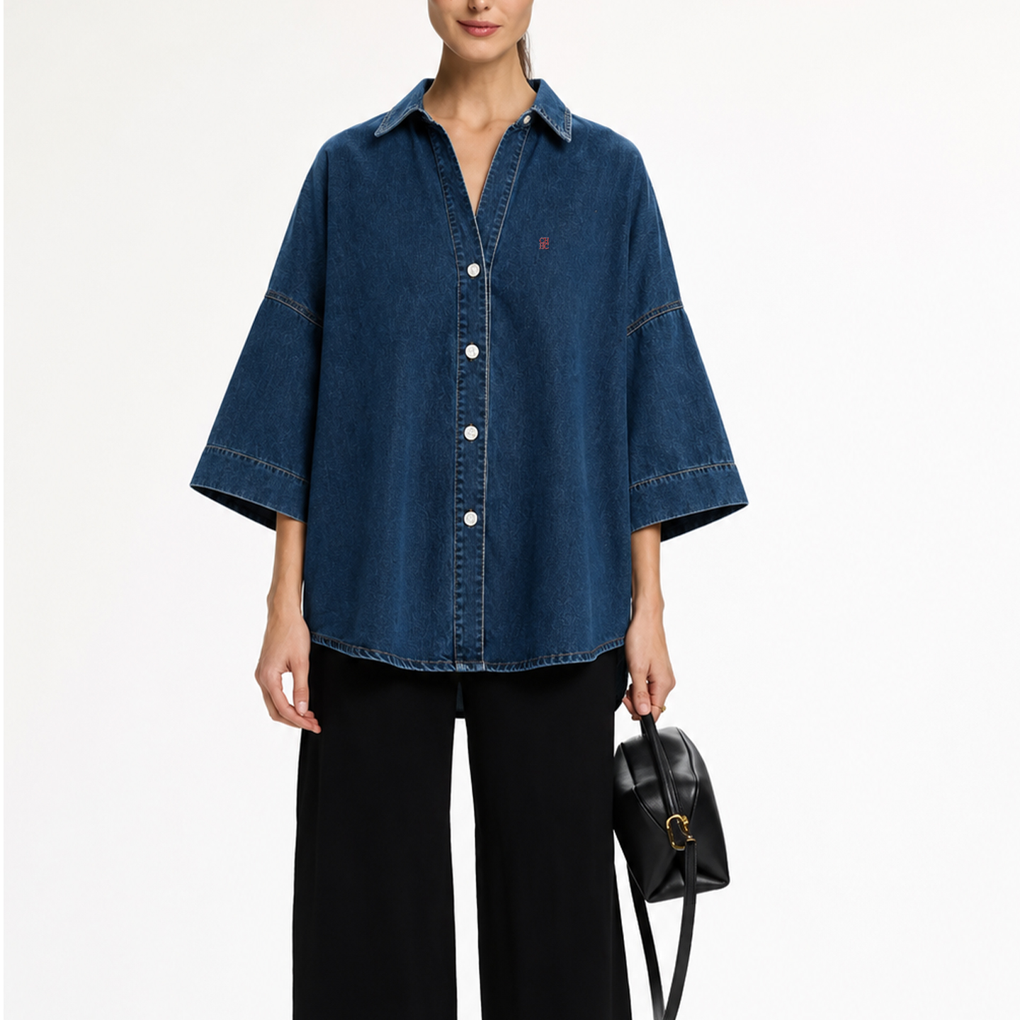 CH Letter Embroidered Solid Co - Embroidery Cotton Shirt 리뷰 및 가격