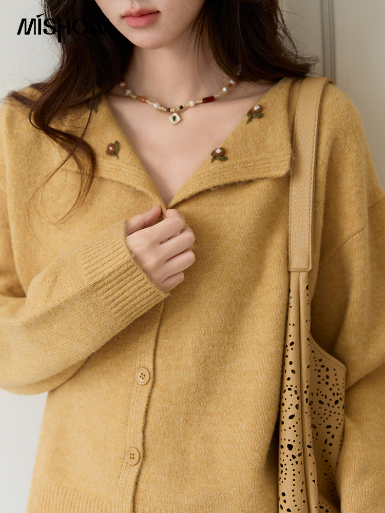 MISHOW Women's Autumn Cardigan - Embroidery Yellow Flower 리뷰 및 가격